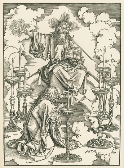 A visão de São João de Cristo e os sete castiçais. A Revelação de São João Divino, c.1496-98 (xilogravura) de Albrecht Dürer or Duerer