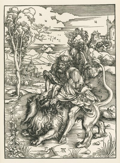 Sansão matando o Leão, c.1497-98 (xilogravura) de Albrecht Dürer or Duerer