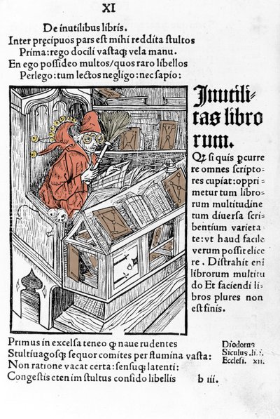 O Savant tem o seu escritório. Ele está a usar um par de óculos. Xilografia de Durer em "das narrenschiff", de Sebastiano Brandt. de Albrecht Dürer