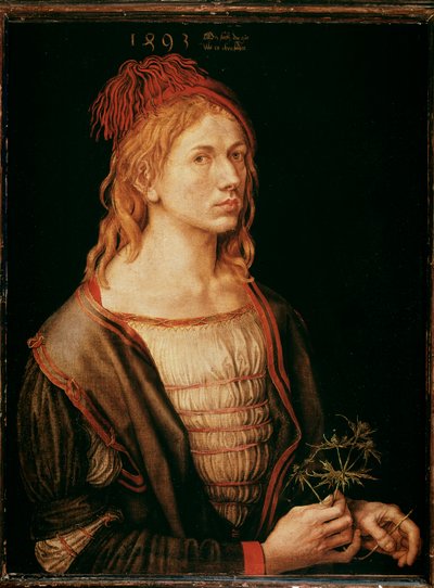 Auto-retrato com cardo (Pintura, cola de pergaminho sobre tela de Albrecht Dürer