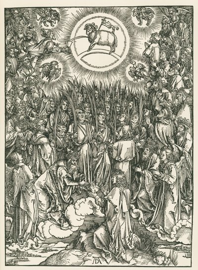 A Adoração do Cordeiro e o Hino dos Escolhidos. O Apocalipse de São João, c.1496-97 (xilogravura) de Albrecht Dürer or Duerer
