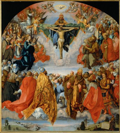 A Adoração da Trindade com o autorretrato de Duerer no canto inferior direito (óleo sobre madeira de choupo) de Albrecht Dürer or Duerer