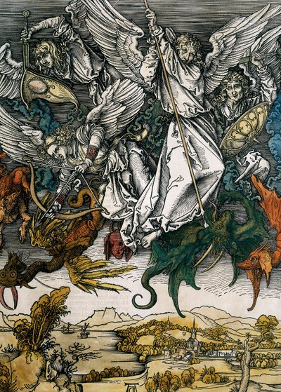 O Apocalipse de São João: a Queda dos Anjos Rebeldes, ca. 1496-1498 (xilogravura) de Albrecht Dürer