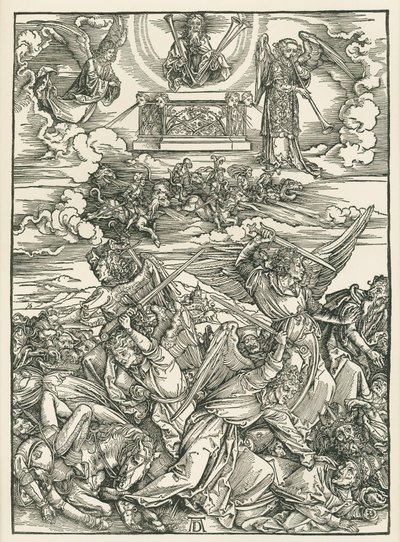 A batalha dos anjos. O Apocalipse de São João, c.1496-98 (xilogravura) de Albrecht Dürer or Duerer