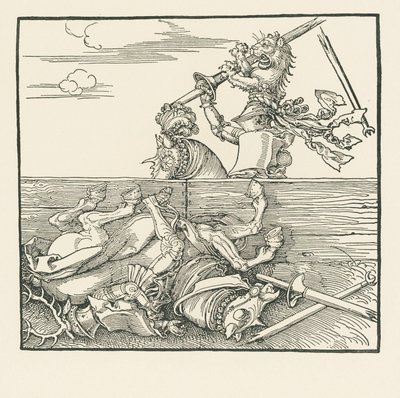 O Torneio Estrangeiro. Maximiliano tira o seu adversário Jacop de Heri da sela, c.1517-18 (xilogravura) de Albrecht Dürer or Duerer