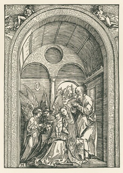 A Sagrada Família com dois anjos num pórtico, c.1503-04 (xilogravura) de Albrecht Dürer or Duerer