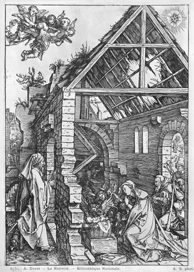 A Natividade, da série &39;Vida da Virgem&39;, c.1503 (xilogravura) (foto p - b) de Albrecht Dürer