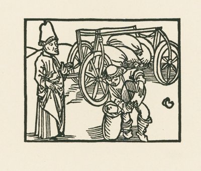 O padre tem um saco numa carroça e a aveia está a ser colocada nele, c.1489-90 (xilogravura) de Albrecht Dürer or Duerer