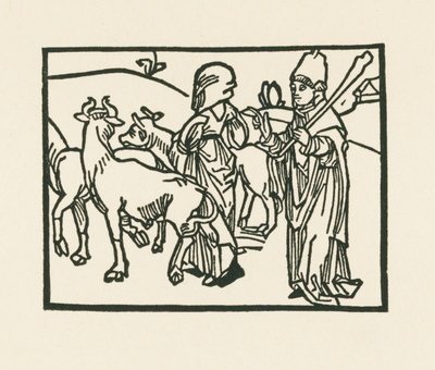 O Sacerdote, com as suas vestes, expulsa o gado e à sua frente vai a serva, c.1489-90 (xilogravura) de Albrecht Dürer or Duerer