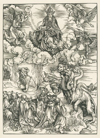 O monstro marinho e a besta com os chifres do cordeiro. O Apocalipse de São João, c.1496-97 (xilogravura) de Albrecht Dürer or Duerer