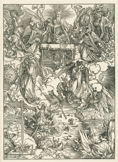 As sete trombetas são entregues aos anjos. O Apocalipse de São João, c.1496-97 (xilogravura) de Albrecht Dürer or Duerer