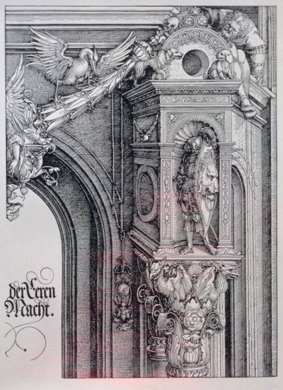O Arco Triunfal do Imperador Maximiliano I (1459-1519): detalhe do arco central (a Porta de Honra e Poder) mostrando uma capital de coluna foliar e animada suportando um cavaleiro de pé em um nicho arquitetônico, uma figura segurando um lado de um cartucho de Albrecht Dürer