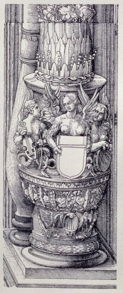 O Arco Triunfal do Imperador Maximiliano I da Alemanha (1459-1519): detalhe das Portas de Honra e Poder centrais, base da coluna esquerda embelezada com faixas de folhagem e grifos femininos alados, datada de 1515, pub. 1517/18 (xilogravura) de Albrecht Dürer