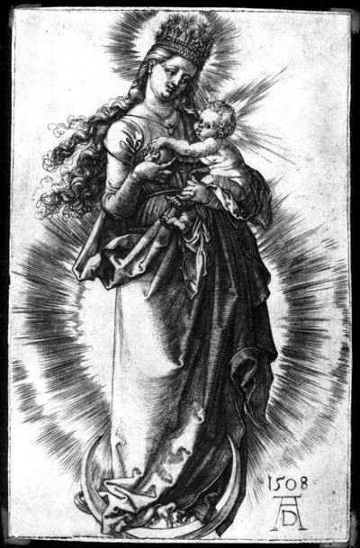 A Virgem e o Menino em uma Lua Crescente com uma Coroa Estrelada de Albrecht Dürer