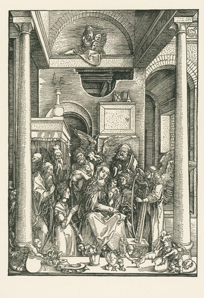 A Virgem adorada por anjos e santos, c.1502 (xilogravura) de Albrecht Dürer or Duerer