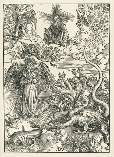A Mulher vestida de Sol e o Dragão de sete cabeças. O Apocalipse de São João, c.1497 (xilogravura) de Albrecht Dürer or Duerer