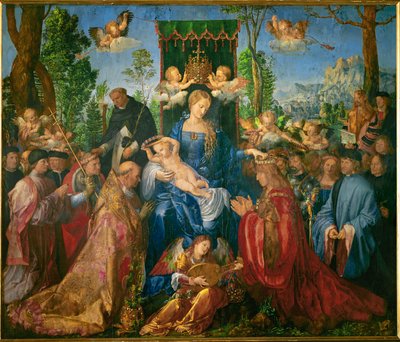 A festa da grinalda de rosas (óleo sobre madeira) de Albrecht Dürer or Duerer