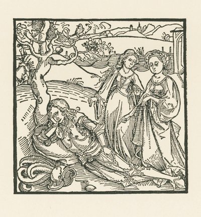 O cavaleiro em meditação é acompanhado pelas suas duas filhas de Albrecht Dürer or Duerer