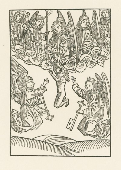 Os sete anjos com uma cruz e as seis chaves, com as quais abriram o Céu às seis obras de Misericórdia, recebem uma alma no Céu de Albrecht Dürer or Duerer