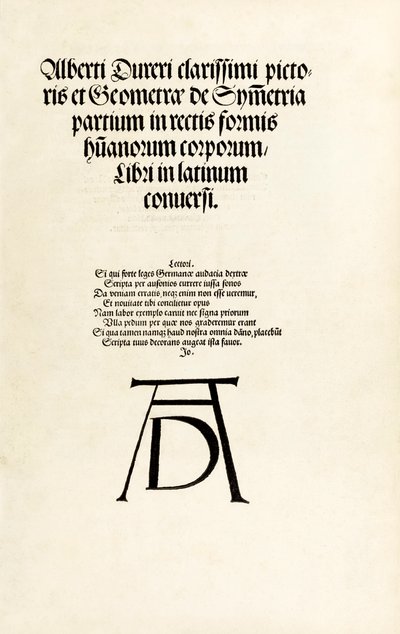 Página de rosto com o monograma de Durer de "Hierinn sind begriffen vier bücher von menschlicher Proportion". de Albrecht Dürer