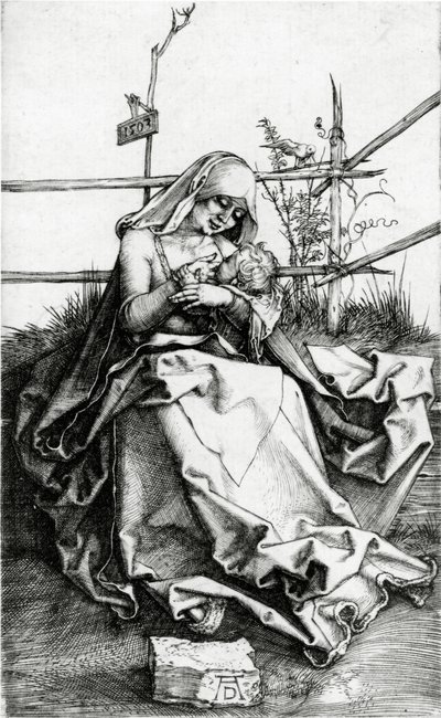 Virgem e Criança sentadas em um banco de grama de Albrecht Dürer