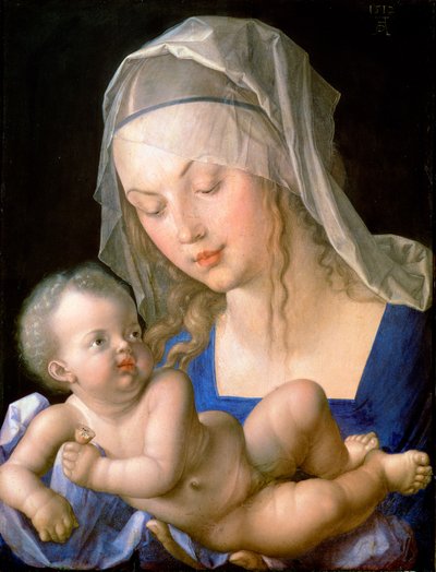 Virgem e criança segurando uma pêra comida pela metade de Albrecht Dürer