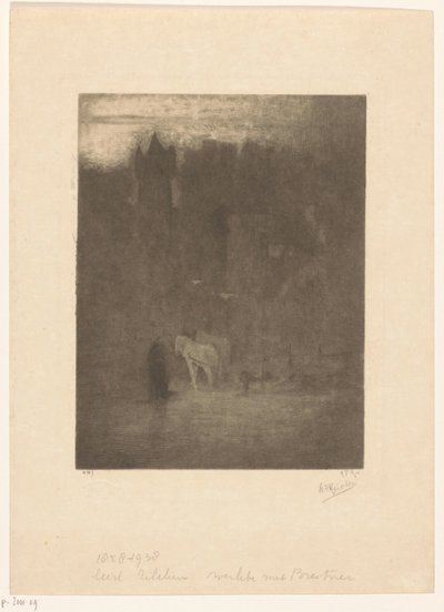 Figura e dois cavalos perto de um castelo na neblina de Albrecht Felix Reicher (signed by artist)