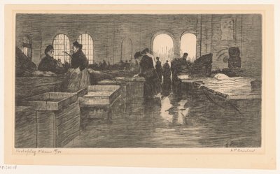 Interior do Vismarkt no Nieuwmarkt em Amsterdã Leilão de peixes de Amsterdã (título original no objeto) de Albrecht Felix Reicher (signed by artist)