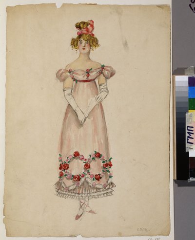 Vestido com grinaldas de flores. Projeto de figurino para a ópera "Eugene OneGuine" de Aleksandr Aleksandrovich Osmerkin
