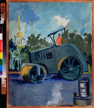 Asfaltamento. (Uma máquina de asfaltagem numa rua). Pintura por Alexander Isaakovich Rusakov (1898-1952), óleo sobre tela de Aleksandr Isaakovich Rusakov