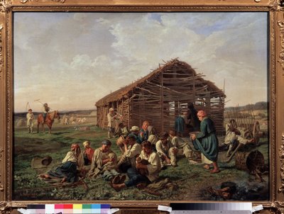 Descanse na colheita do feno. Enquanto ao fundo alguns formam as mós antes de se juntarem a um grupo sentado em primeiro plano, entre os quais alguns bebem ou comem, uma mulher amamenta seu bebê, outra de Aleksandr Ivanovich Morozov