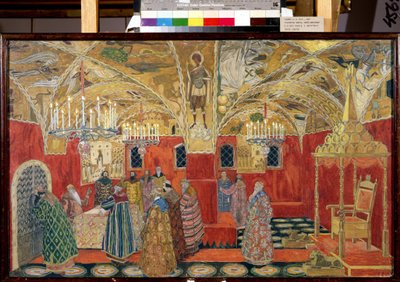 O Kremlin. Desenho preparatório para a ópera Boris Godunov de Modeste Mussorgsky (1839-1881) (No Kremlin. Desenho de conjunto para a ópera Boris Godunov de M.Mussorgsky). Obra de Alexander Yakovlevich Golovin (Alexander Golovin) (1863-1930), aguarela e de Aleksandr Jakovlevic Golovin