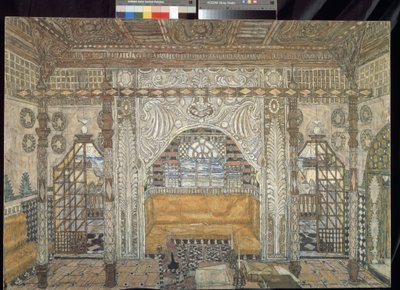 Decor preparatoire pour la piece ""Otelo"" de William Shakespeare (1564-1616) (cenário para a peça Otelo de William Shakespeare) - Peinture de Alexander Yakovlevich Golovin (Alexandre Golovine) (1863-1930), tempera sur bois de Aleksandr Jakovlevic Golovin