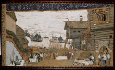 Desenho de palco para a Ópera The Pskov Maiden de N.Rimsky Korsakov (Rimsky-Korsakov) (1844-1908). Vista de uma praça animada de uma cidade de Aleksandr Jakovlevic Golovin