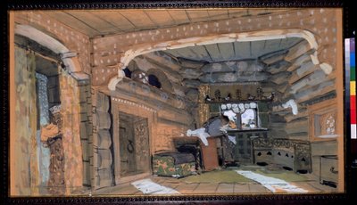 Desenho de palco para a Ópera The Pskov Maiden de N.Rimsky Korsakov (Rimsky-Korsakov) (1844-1908) Descrição do interior de um de Aleksandr Jakovlevic Golovin