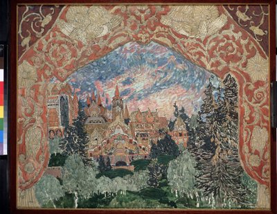 Desenho de palco para a ópera O Espelho Mágico de A.Koreshchenko (1870-1921). Descrição de uma cidade russa na floresta, emoldurada por cortinas decorativas. Trabalho de Alexander Yakovlevich de Aleksandr Jakovlevic Golovin