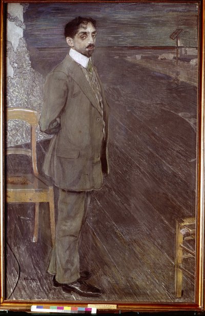 Retrato do poeta Mikhail Kuzmin (1875-1936) (Retrato do poeta M. Kuzmin). Obra de Alexander Yakovlevich Golovin (1863-1930), têmpera e pastel sobre tela de Aleksandr Jakovlevic Golovin