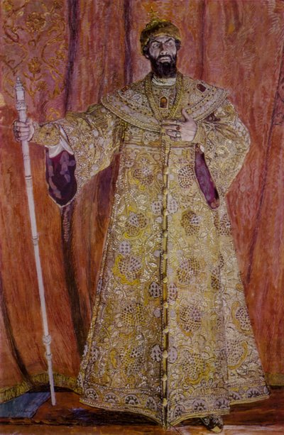 O cantor de ópera russo Feodor Chaliapin no papel principal da ópera do Modesto Mussorgsky Boris Godunov de Aleksandr Jakovlevic Golovin