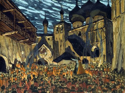 Desenho de palco para a ópera A criada de Pskov por N. Rimsky-Korsakov - Golovin, Alexander Yakovlevich (1863-1930) - 1901 - Tempera sobre papelão - 39x52 - Colecção Privada de Aleksandr Jakovlevic Golovin