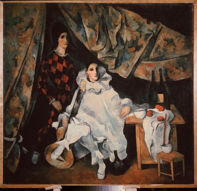 Os irmãos Cyrano malabaristas (em traje de Pierrot e Arlequim). Pintura de Alexander Vasilyevich Shevchenko (1883-1948), óleo sobre tela de Aleksandr Vasilievich Shevchenko