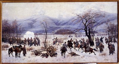 Guerra Russo-Turca (1877-1878): A Quarta Batalha de Shipka Pass na Bulgária, 5-9 de Janeiro de 1878. Pintura de Alexei Danilovich Kivshenko (1851-1895) de Aleksei Danilovich Kivshenko