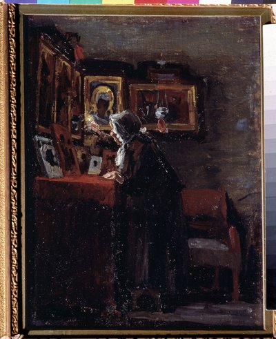 Avant une fete religieuse (Antes de uma festa religiosa) - Peinture de Aleksei Fyodorovich Afanasyev (Alexis Afanassiev) (1850-1920) - Huile sur toile, 41 x 31,5 cm de Aleksei Fyodorovich Afanasyev