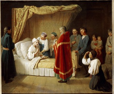 A Eucaristia aos Moribundos. Um sacerdote da Igreja Ortodoxa vem ao leito de uma mulher doente para lhe dar o sacramento litúrgico, rodeado por membros da sua família. Pintura por Alexei (Alexis) Gavrilovich Venetsianov ( de Aleksei Gavrilovich Venetsianov