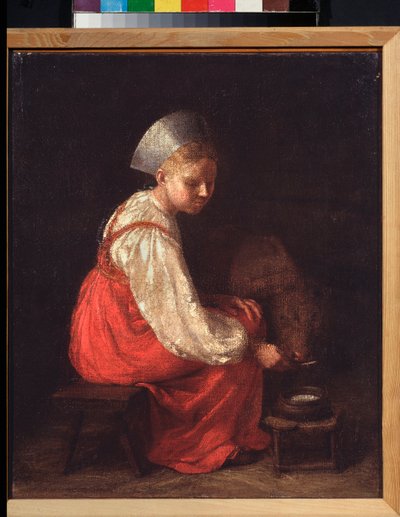 Uma camponesa com um bezerro - Pintura de Alexei Gavrilovich Venetsianov (1780-1847), óleo sobre tela de Aleksei Gavrilovich Venetsianov
