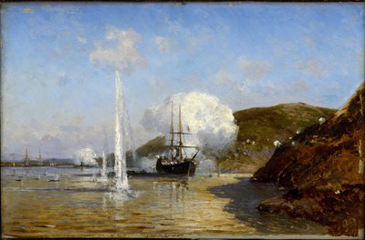 Guerre russo-turque de 1877-1878 - A Ação de Nikolai Skrydlov (1844-1918) no Danúbio par Alexei Petrovich Bogolyubov (Bogoliubov ou Bogolioubov) (1824-1896). de Aleksei Petrovich Bogolyubov