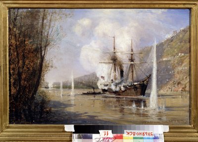 O destróier russo Shutka atacando um navio turco em 16 de junho de 1877 (O destróier russo Shutka atacando o navio turco em 16 de junho de 1877). Descrição da batalha no Estreito de Bósforo entre a frota armada russa e a do Império Otomano, de Aleksei Petrovich Bogolyubov
