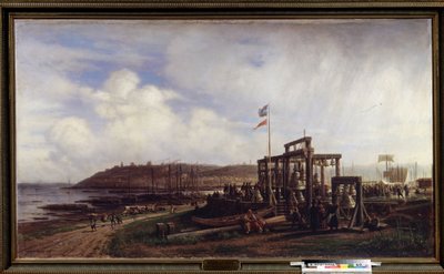 O mercado em Nizhny Novgorod, vendedor de sinos. (Mercado em Nizhny Novgorod, fileira das barracas de sino). Pintura de Alexei Petrovich Bogolyubov (Bogoliubov ou Bogolioubov) (1824-1896). Óleo sobre tela de Aleksei Petrovich Bogolyubov