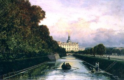 Vista do Canal de Lebyazhyeva olhando para o Palácio Mikhailovsky, São Petersburgo (óleo sobre painel) de Aleksei Petrovich Bogolyubov