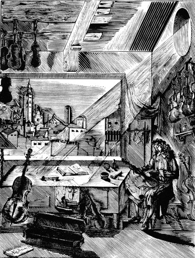 O fabricante italiano de instrumentos musicais Antonio Stradivari em sua oficina, 1926. de Aleksey Kravchenko