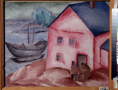 Uma Casa Cor-de-Rosa no Rio. Com um casal, um barco e um barco de amarração. Pintura de Alexei Ilyich Kravchenko (1889-1940), óleo sobre tela de Aleksey Kravchenko